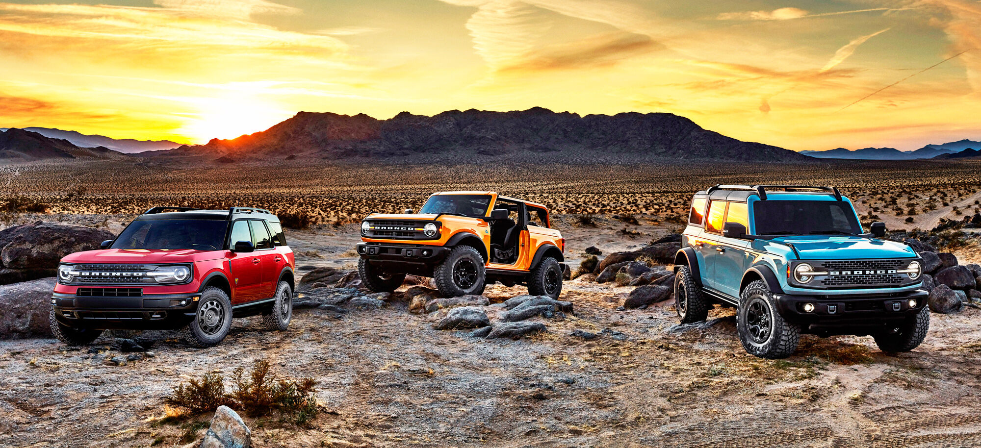 Versions of the all-new, 2021 Ford Bronco include, from left, the car-based Bronco Sport and the truck-based two-door Bronco and four-door Bronco.